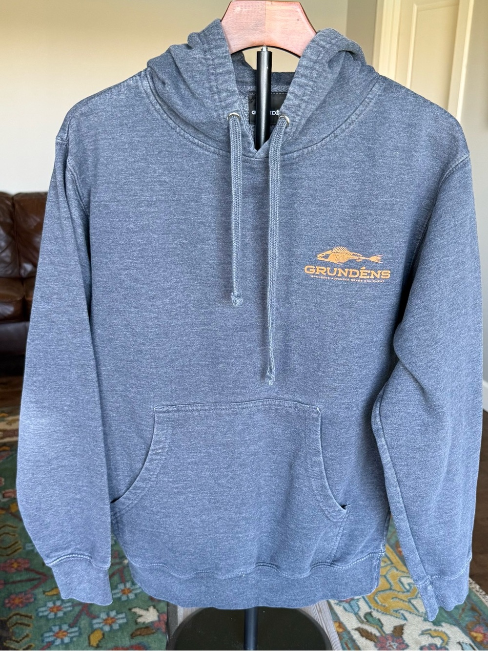 Grunden’s Men's Blue Hoodie Sweatshirt with Orange Fish Graphic Small